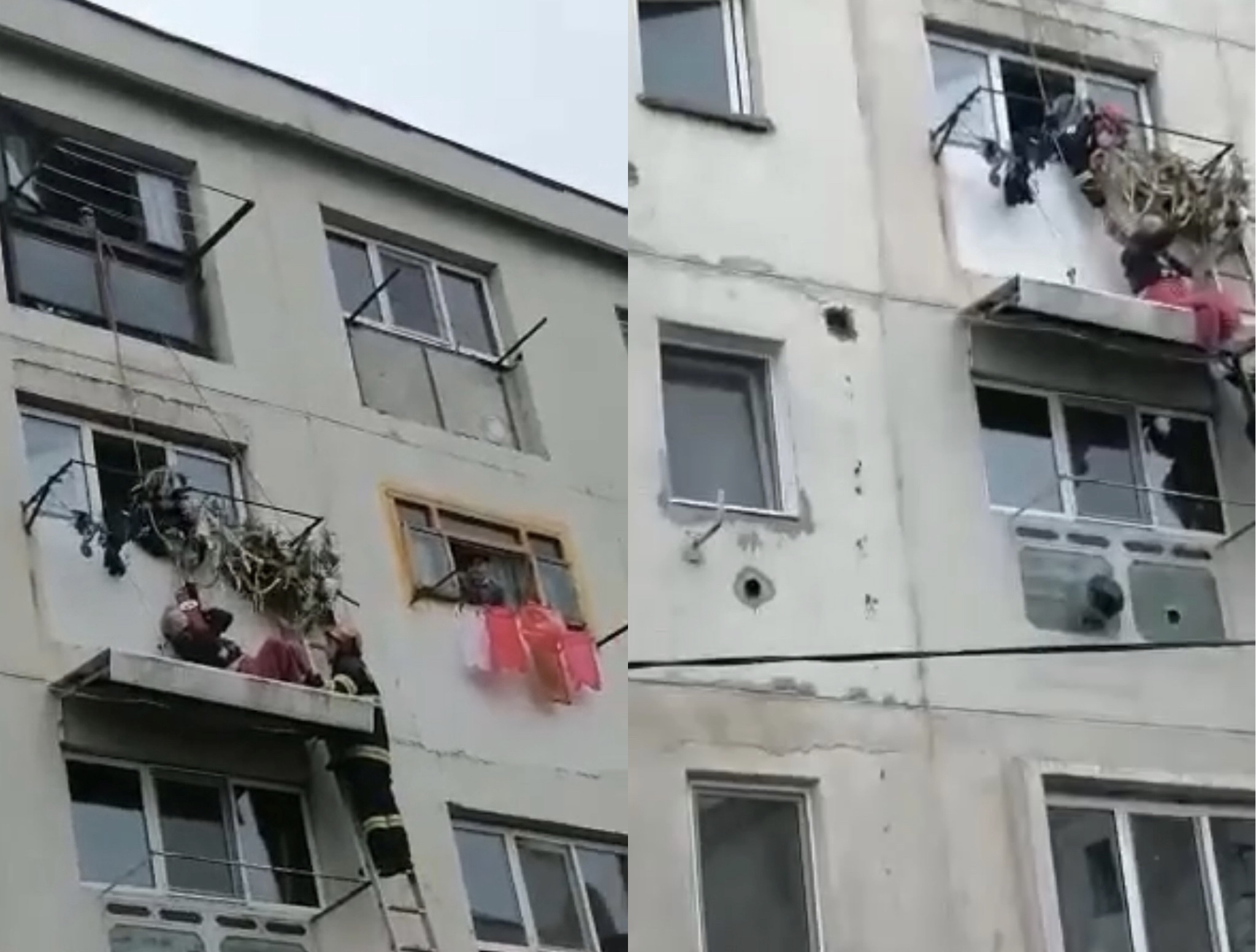 Bărbat căzut de la etajul 4, salvat în ultima clipă. A rămas agățat pe copertina unui apartament VIDEO