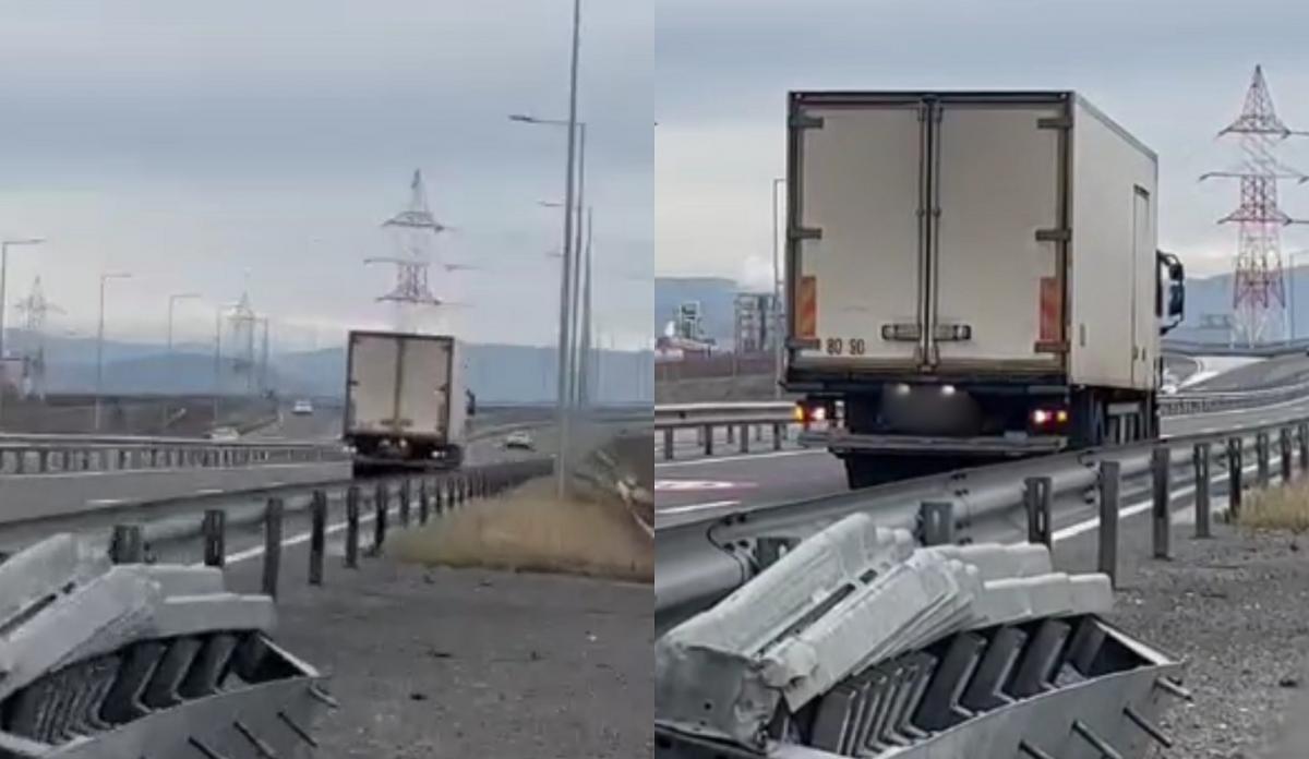 Șofer de camion, filmat în timp ce conduce cu spatele pe autostradă, în zona Turda-Sebeș